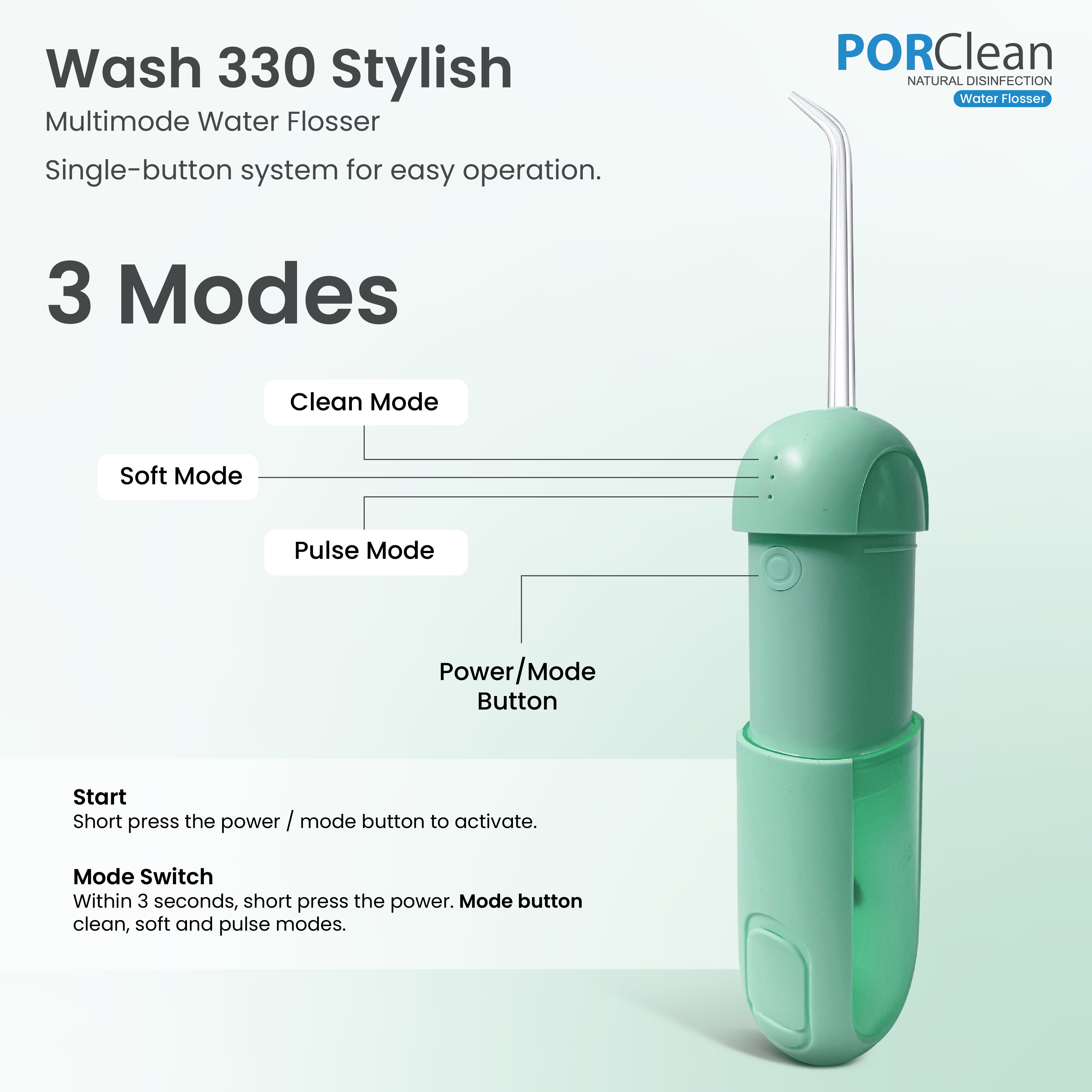 WASH 330 Water Flosser for Teeth, Cordless Oral Irrigator with 160 PSI, 3 Modes & 5 Tips, USB-C Rechargeable Waterproof Dental Floss, Portable Electric Tooth Cleaner